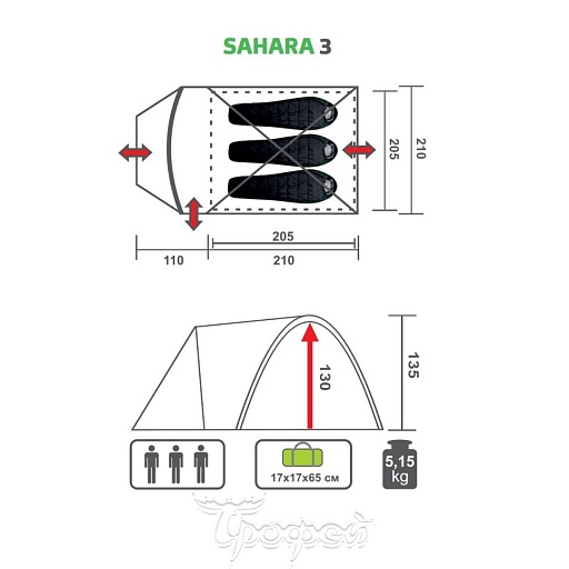 картинка Палатка с тамбуром SAHARA-3 Premier от интернет магазина